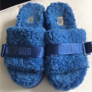 UGG Blue Shearling Fluff Slide with Branded Strap, 8us